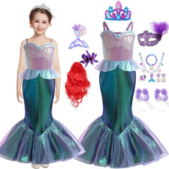 Mermaid Dress For Girls Sling Princess Costume Pearl Ruffles Slim Frocks Summer