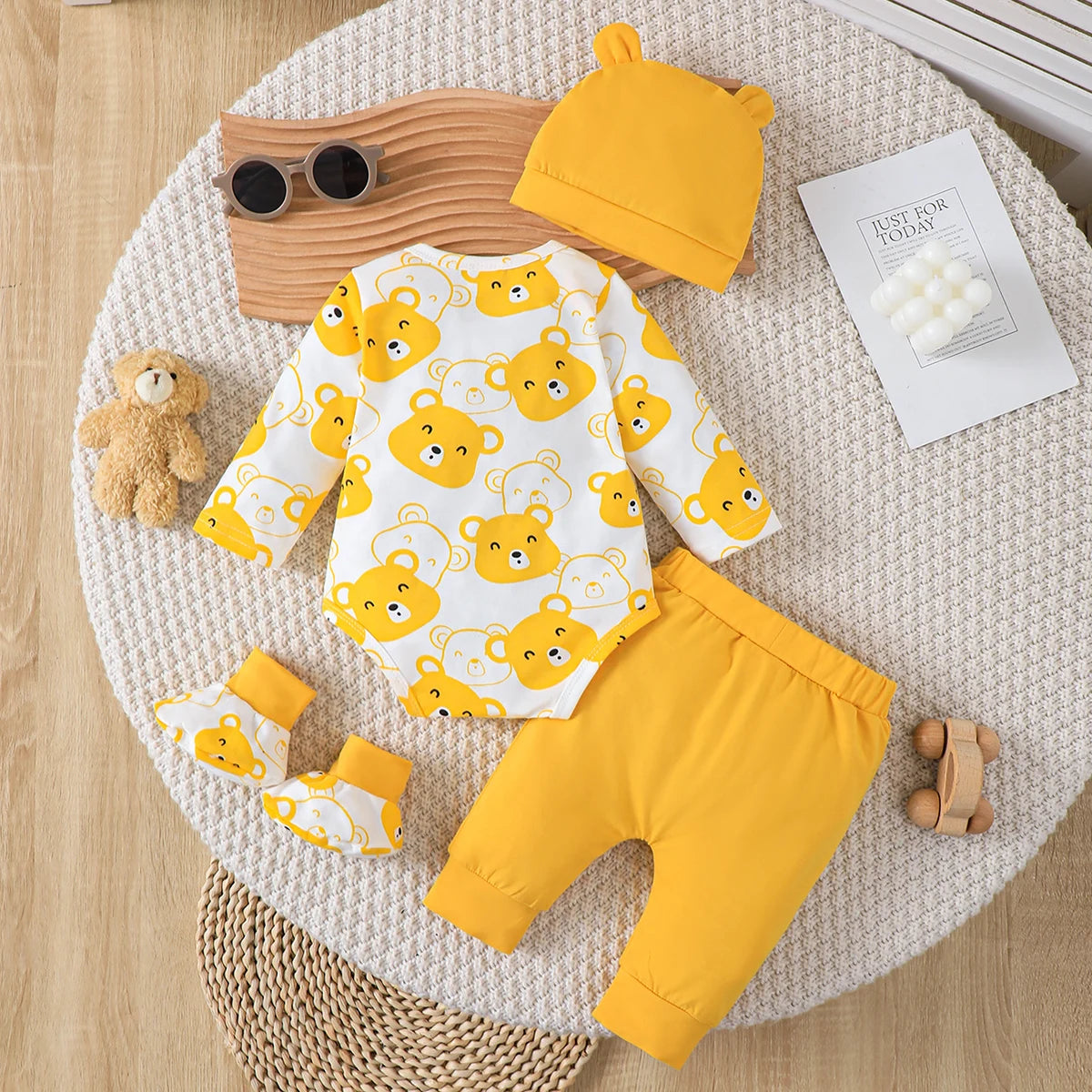4 Colors 0-9 Months Newborn Baby Boy Autumn Clothing Set Bear Long Sleeve Bodysuit+Pants+Hat+Socks Cute Newborn Baby Gift Outfit