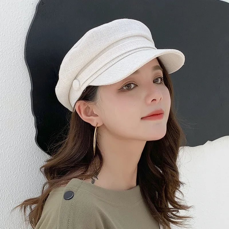 Fashion Solid Visor Military Hat spring and Autumn Linen Breathable Beret Cap For Women Retro England Style Flat Cap