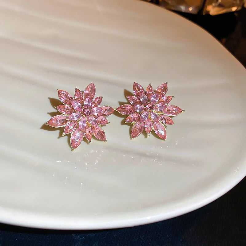 Rhinestone Flower Earrings for Women Korea Simple Sweet Stud Earrings Luxury High-grade Solid Color Charm Jewelry Girls Gift