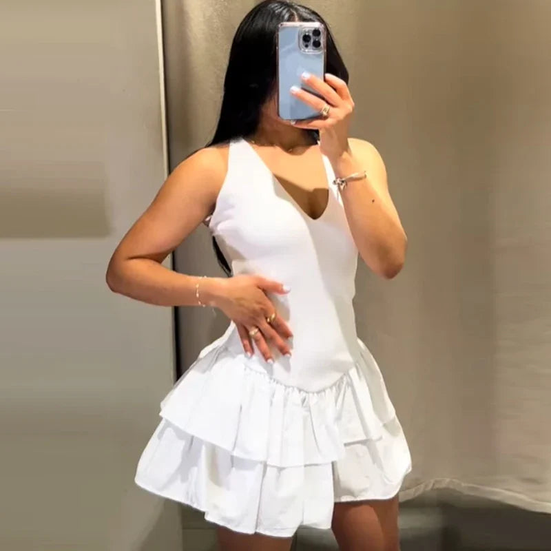 HXAO Womens Dresses Ruffled Halter Dress Summer Black Pink White Dress Mini Layered Backless Short Dresses Elegant Vestidos 066