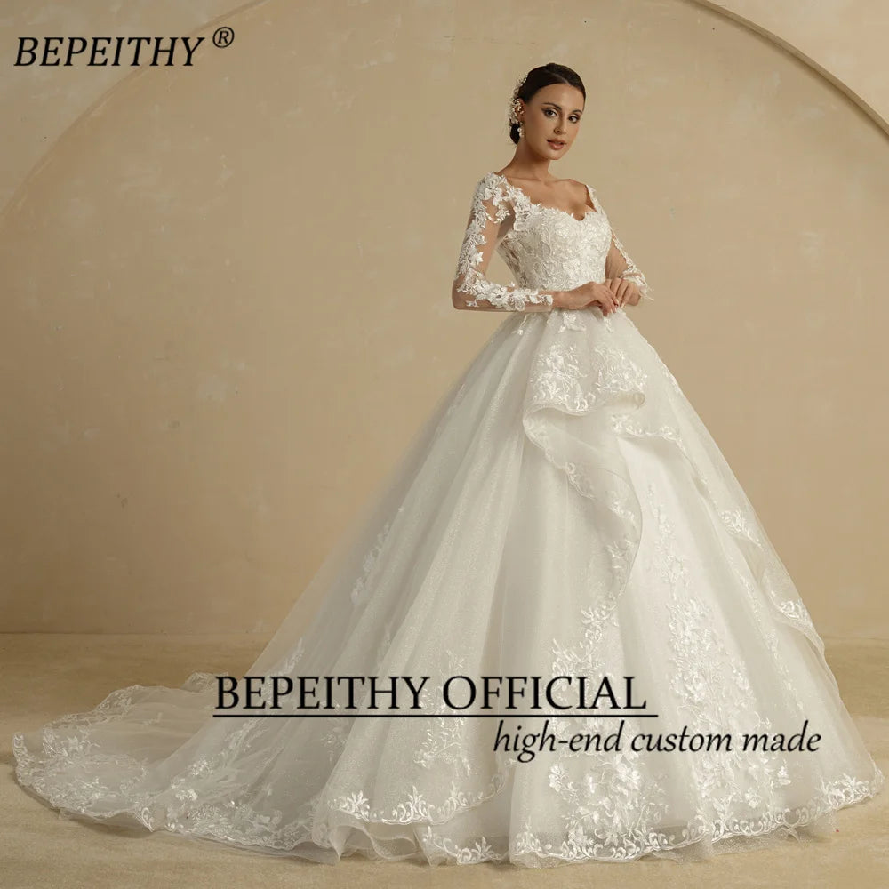 White Bridesmaid Dresses: Glitter Ivory Ball Gown Wedding Dresses Full Sleeves