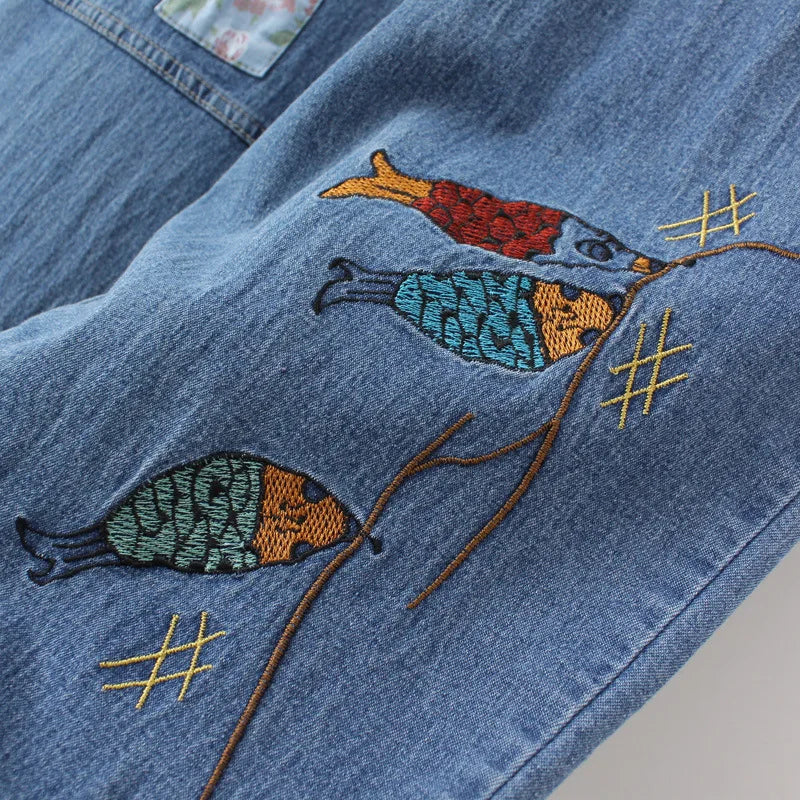 Plus Size Women Jeans Oversized Curve Clothes High Waist Slim Embroidery Fish Patch