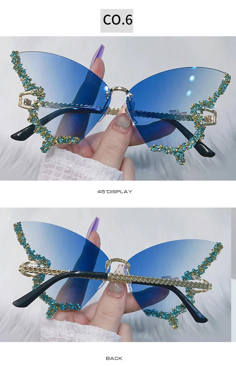 Luxury Party Sunglasses Women Butterfly Diamond Rhinestones Personality Flash Shades Tint Color Travel Blogger Glasses