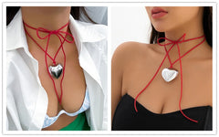 Metal Heart Pink Red flannelette Chain Necklace Knitted Bowknot Choker Neck Tie Love