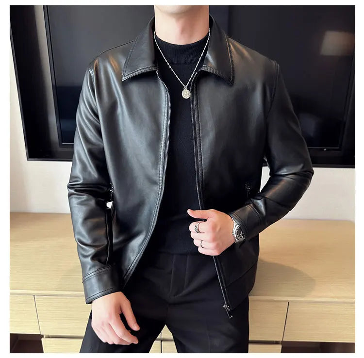 Men Bomber Leather Jacket Anti-wind Lapel Solid Casual Slim Fit Jacket