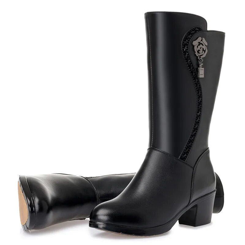 Genuine Leather Women Wool Boots Thick Warm Winter Snow Boots Large Size