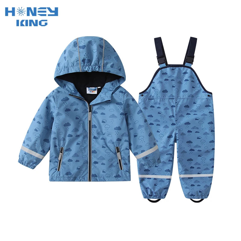 HONEYKING Boys Raincoat Suit Kids Clothing Set Comfortable Breathable Rain Suit with Jacket And Trousers for Children