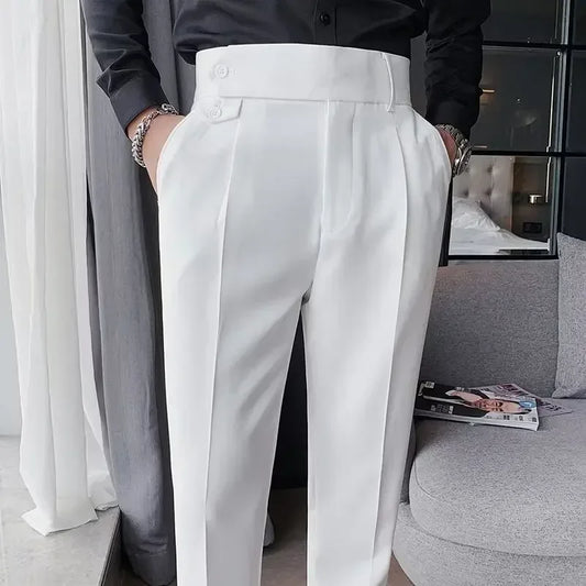 Men Suit Pants Solid Color Slim Fit Spring Autumn Streetwear Elastic Waist Straight Pants