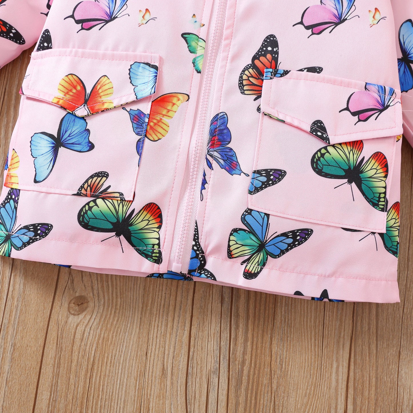 Pink girls autumn sweet jacket full printed butterfly long-sleeved hooded zipper sweater kids daily casual baby girl clothing
