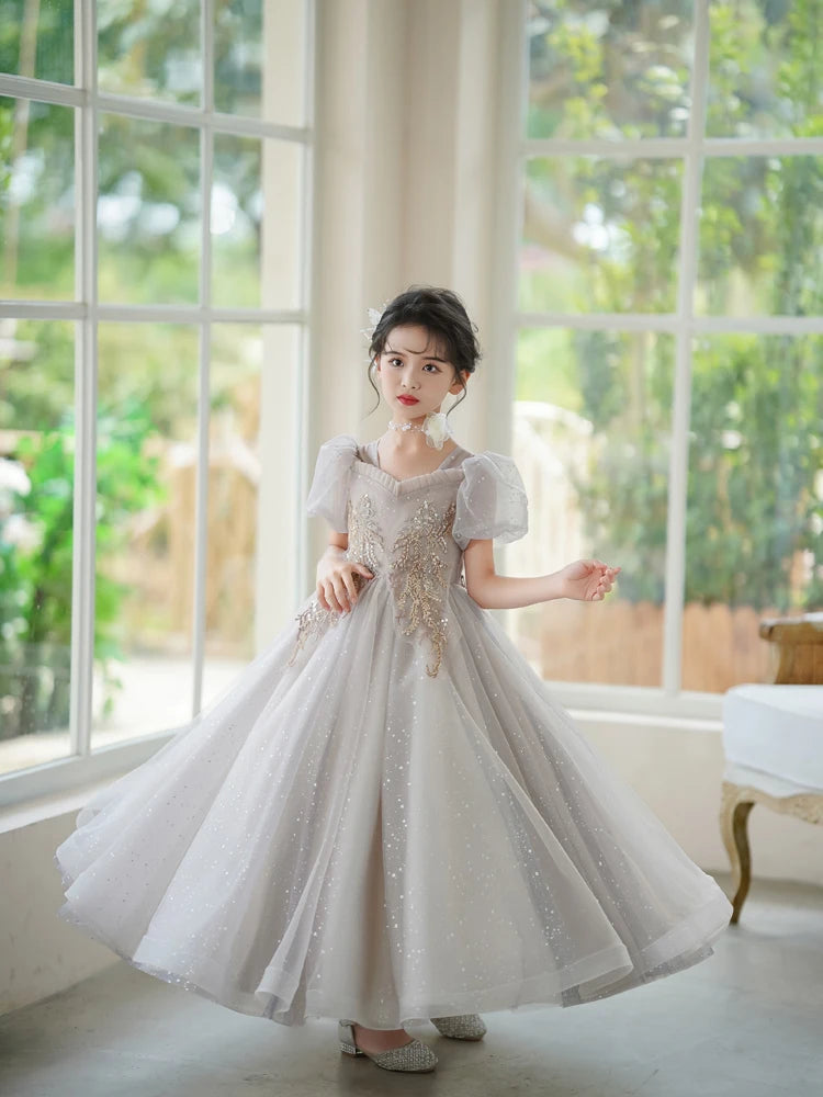 3-15T Teen Girl Fluffy Mesh Dresses for Elegant Party Princess Prom Gown Children Pageant Tailling Long Dress Performance Outfit