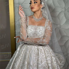 Bride Dress Long Sleeve Sequined Rhinestones Wedding Gown Bridal Robe