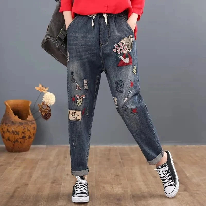 Embroidery Ankle-Length Baggy Jeans Elastic Capris Lace Up Harem Denim Pants