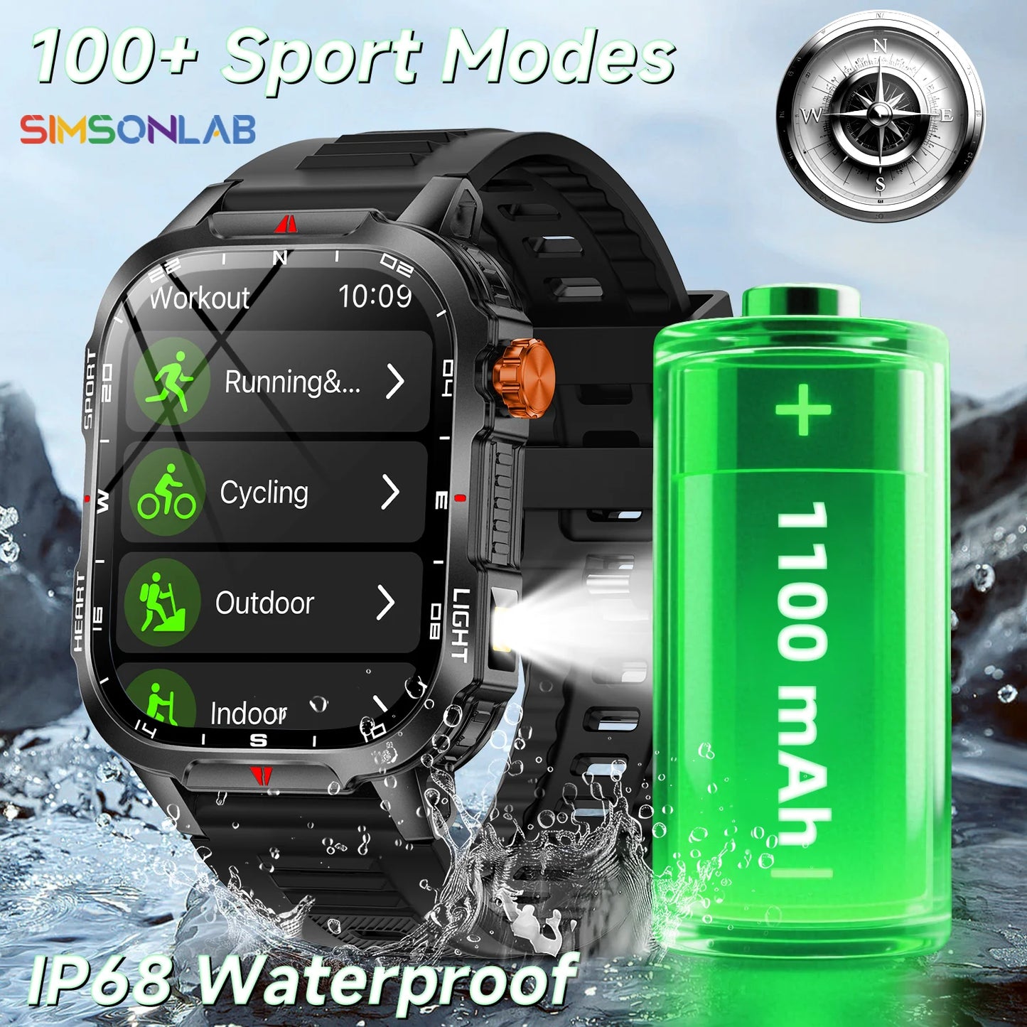 2025 Global Hiking Smartwatch 2.01''Screen 1100mAh Battery LED Light Compass IP68 Voice Assistant Outdoor Sport  Fitness Watch
