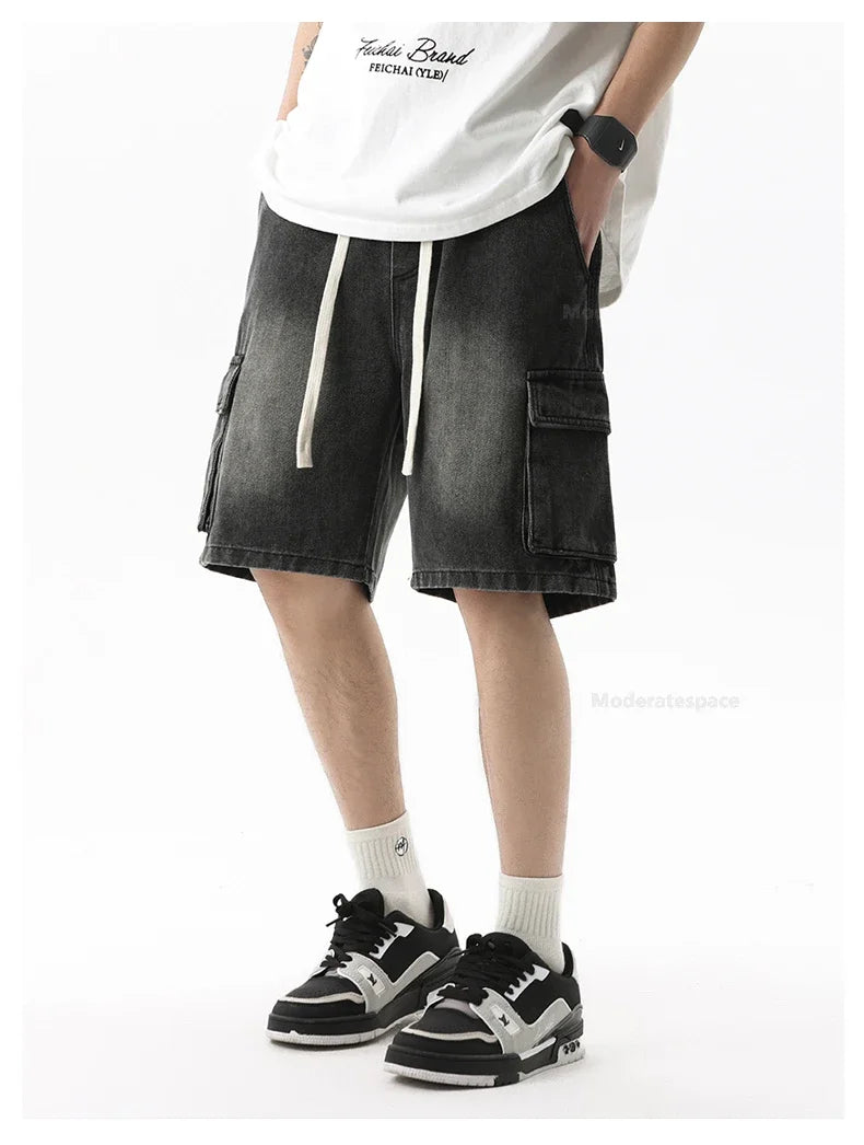 Summer Retro Fashion Denim Shorts for Men Loose Straight Leg Multi-pocket Short Jeans With Elastic Waist and Drawstring Male