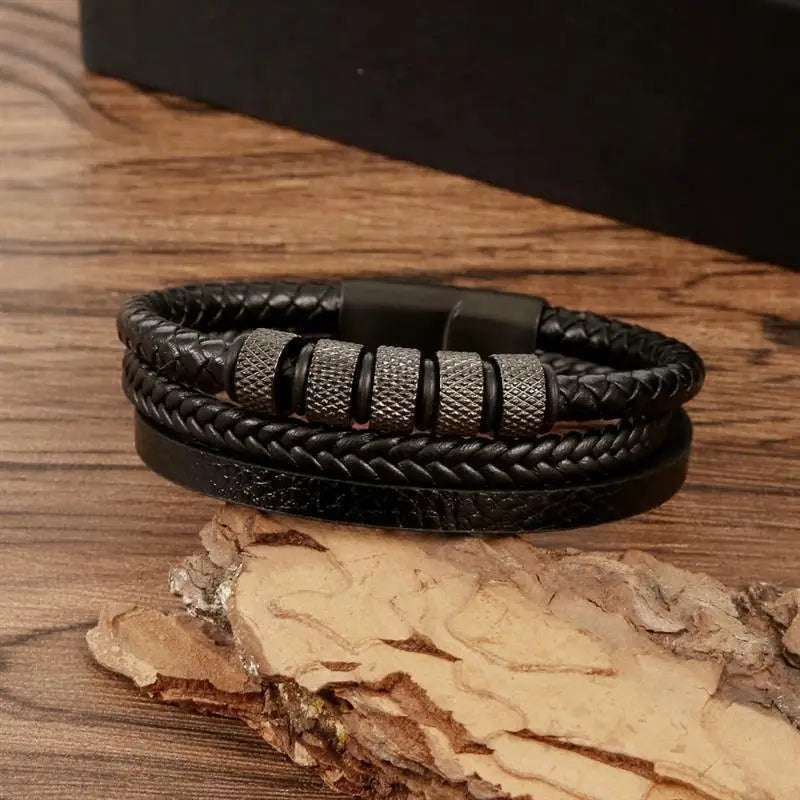 Punk Men Leather Bracelet with Stainless Steel Magnetic Clasp Braided Mutilayer Leather Wrapping Bangles Man Jewelry Gift