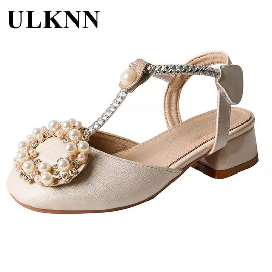 Children Sandals Pearl Rhinestone Kids High Heel Shoe Elegant Baby Girls