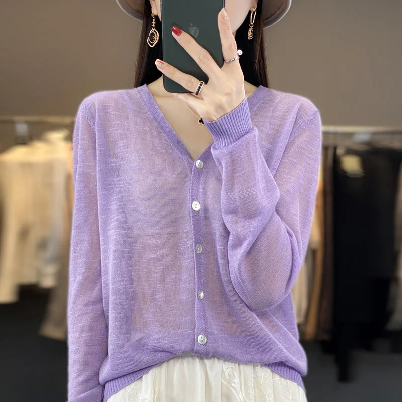 Summer Sunscreen Ice Silk Cardigan Women's V-Neck Long Sleeve Loose Knitted