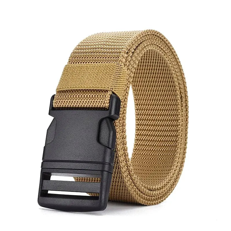 Men's Outdoor Tactical Belt - No Metal Buckle (Plastic), Nylon Canvas Woven, Heavy Duty High Quality Webbing