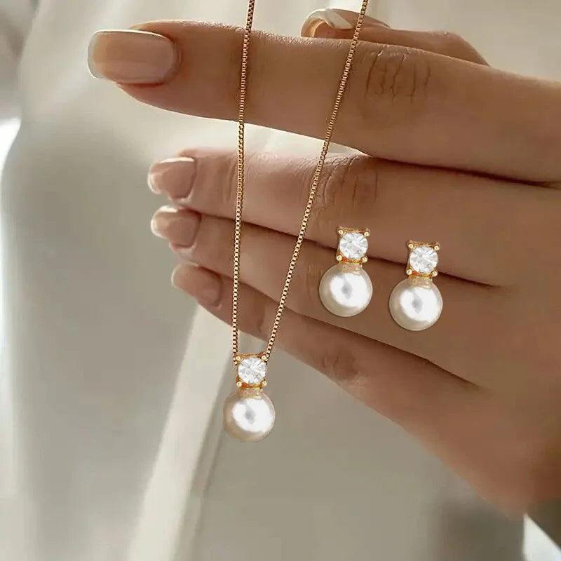 LATS 3 Pcs/Set Round Pearl Pendant Necklace For Women Exquisite Fashion Rhinestone Double  Earring Wedding Jewelry Set Gift
