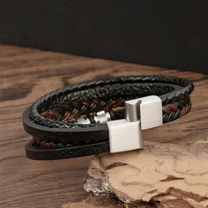 Punk Men Leather Bracelet with Stainless Steel Magnetic Clasp Braided Mutilayer Leather Wrapping Bangles Man Jewelry Gift