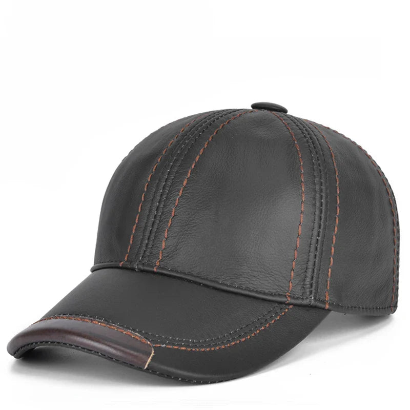 Men Real Cowhide Leather Earlap Caps Male Fall Winter 100% Real Cow Leather Hats New Casual Real Leather Outdoor Baseball Cap