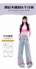 Blue Womens Jeans Butterfly High Waist Straight Baggy Denim Pants American