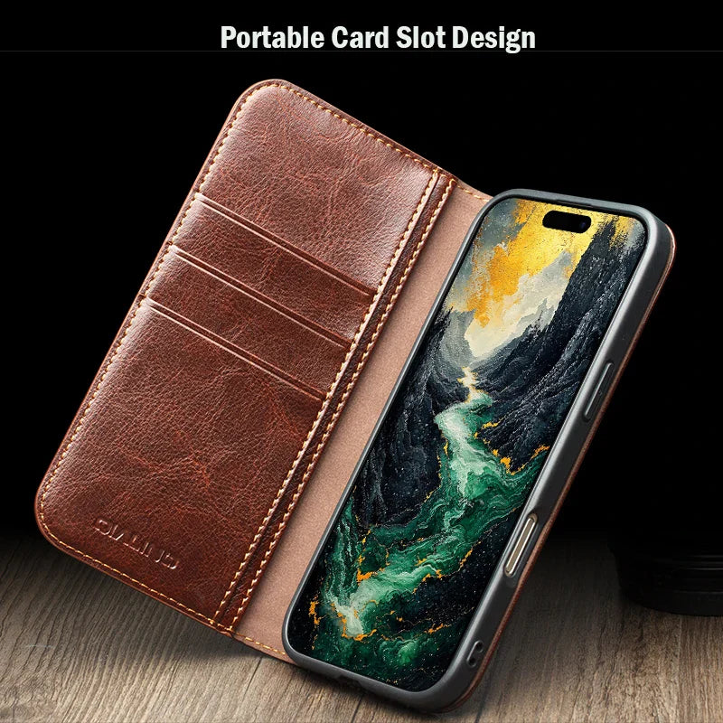 QIALINO Case for iPhone 17 Pro Max Luxury Ultra Slim Handmade Genuine Leather Wallet Card Slot Flip Cover for iPhone 17 Pro/Air