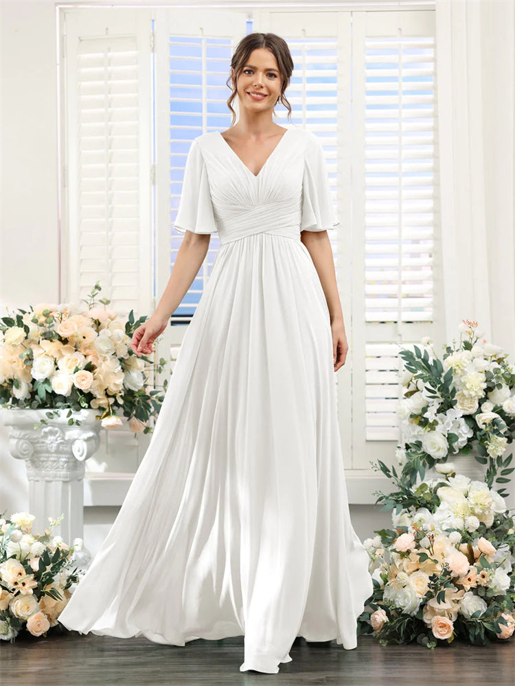 Evening wear Dresses: Half Sleeves Split Side Chiffon Bridesmaid Dresses