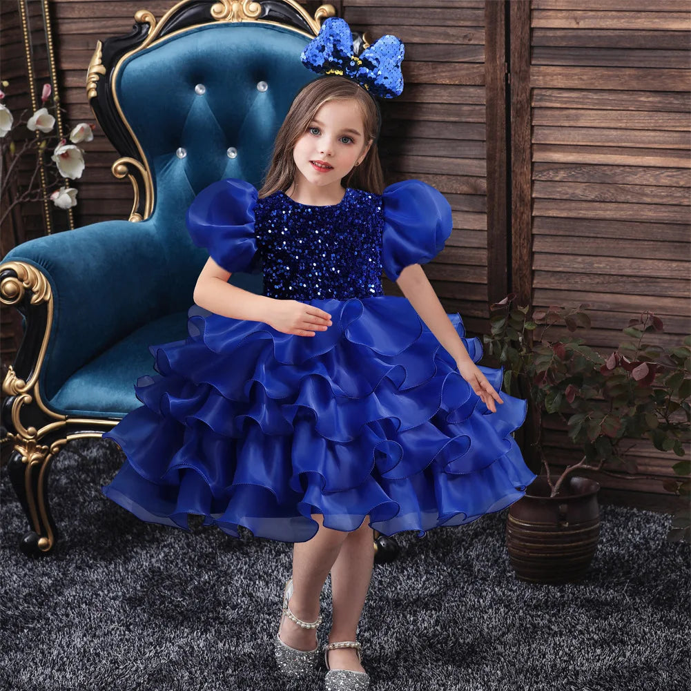 Little Girls Sequined Party Ball Dress With Big Bow Headband, Kids Special Party Prom Dress, Dance Performance Dress Princess Dr