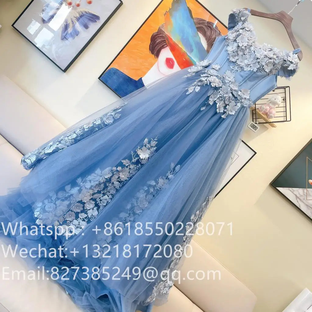 Evening wear Dresses: Blue Dresses Ball Gown Appliques Bow Knot Bodice Long