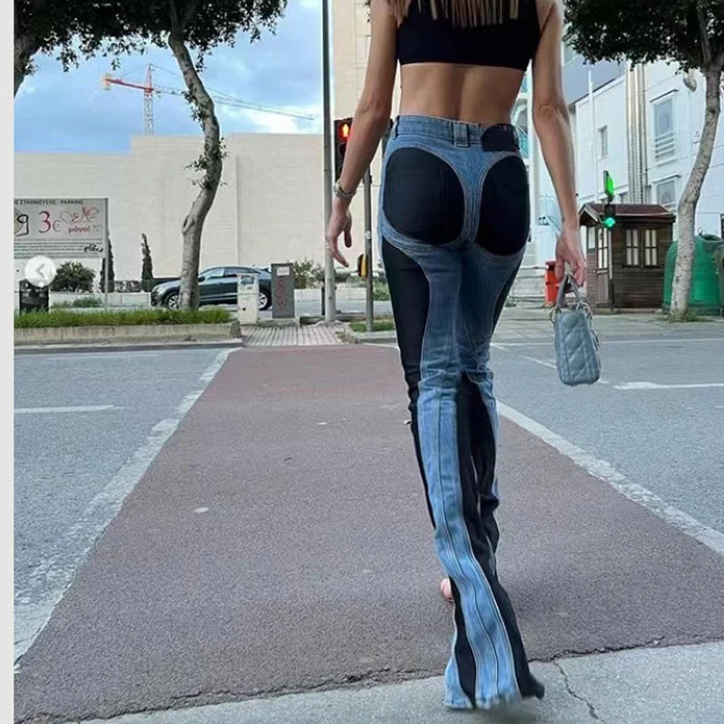 Women's jeans, colour blocking, slimming cotton pencil trousers