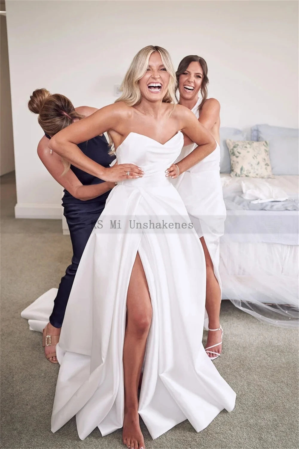White Bridesmaid Dresses: Wedding Dresses High Split Pleats Women Bridal Dress