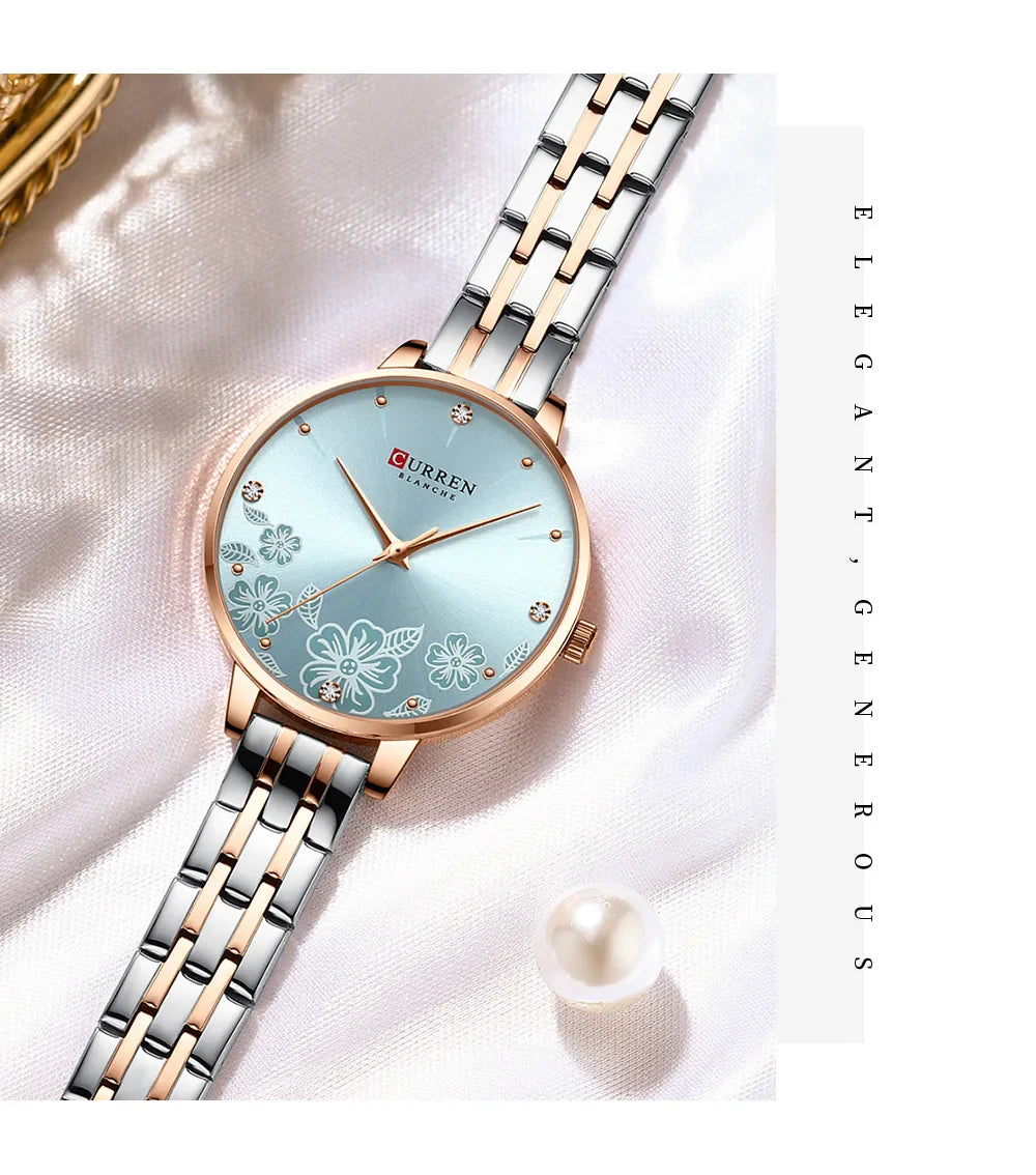 CURREN Fashion Quartz Wristwatches for Women Simple Stainless Steel Watch Bracelet with Flower Design Dial