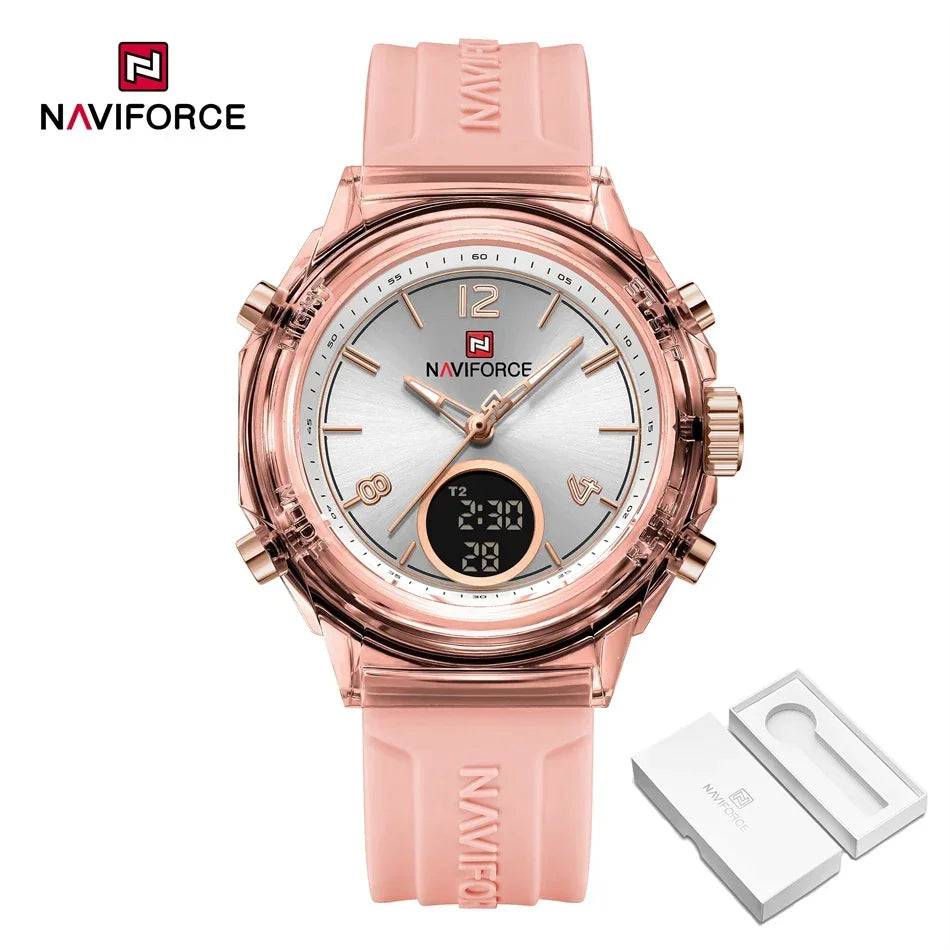 NAVIFORCE Luxury Women's Watch Gold Outdoor Sports Waterproof Watches Dual Time Display Quartz Wristwatches Rubber Digital Clock