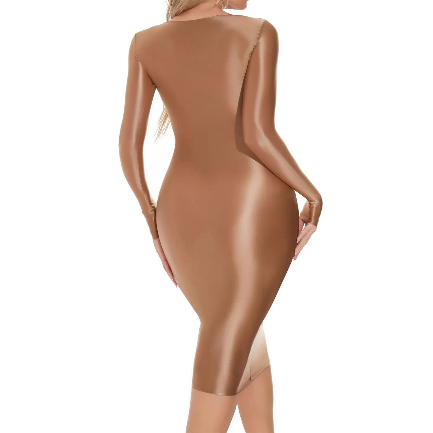 Womens Oil-shiny Bodycon Dress Long Sleeve Hip Wrap Sleep Dress Sexy Nightwear for Clubwear Performance Cocktail Party Costume