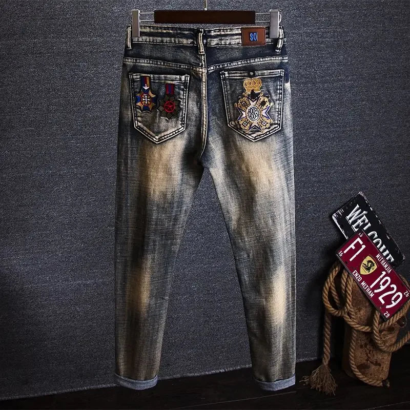Tapered Graphic Jeans for Men with Print Hip Hop Motorcycle Mens Cowboy Pants