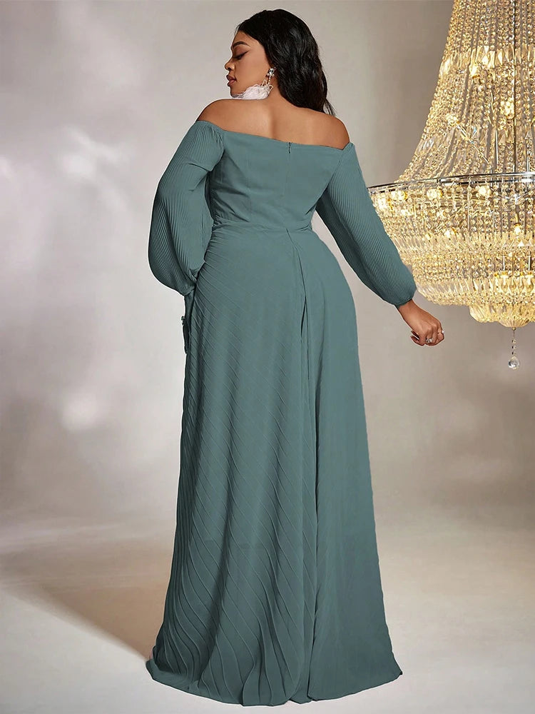 TOLEEN Women Plus Size Maxi Dresses Elegant Chiffon One-Line Shoulder Beaded Dress Party Wedding Evening Dress Vestidos de Novia