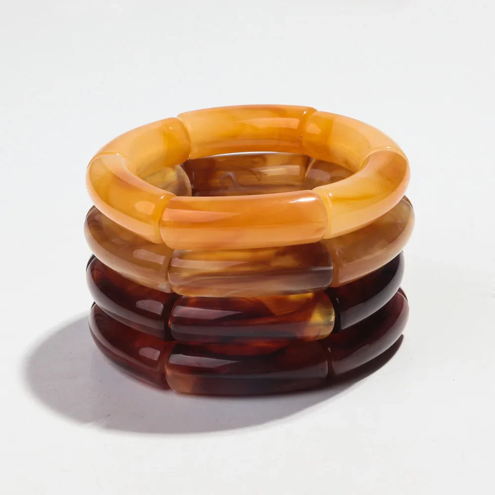 Fashion Acrylic 4PCS/Set Resin Amber Bamboo Bead Elastic Bracelet Bangles Tube Beads Handmake 2024 Trendy Designer Bracelet Set