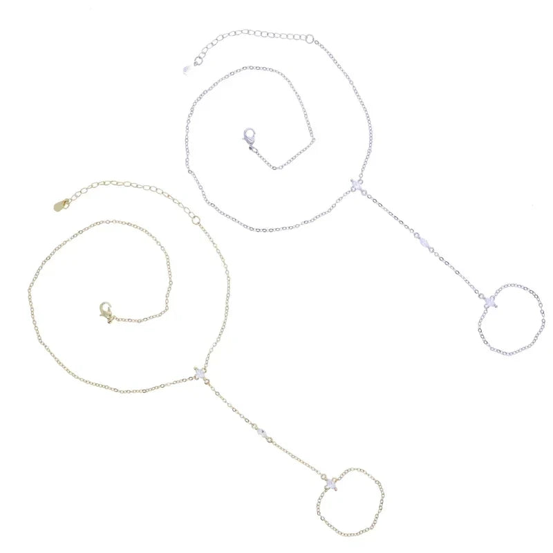 2025 New Geometric Marquise Cubic Zirconia CZ Paved Double Wrist Hand Chain Bracelet Simple Fashion Women Finger Slave Jewelry