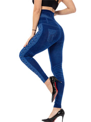 Seamless Slim Women Faux Denim Jeans Leggings Fitness Workout Pocket Printing