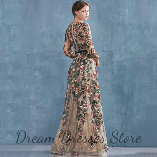 Elegant O-Neck Long Sleeve Evening Dress Sequins Flowers Gowns