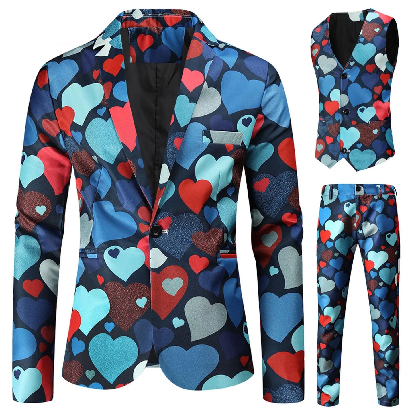 Valentine Men's Suits Three-Piece Set Printed Coat Vest Pants Suit Lovely Printed Coat+Vest+Pants Set Slim Fit Blazers Male