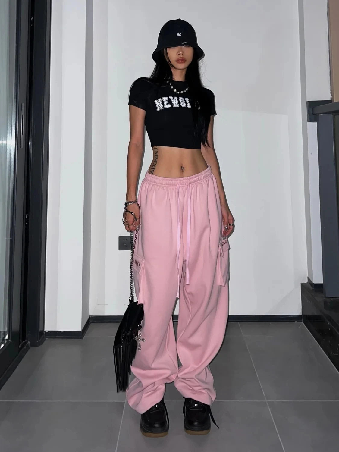 Y2K Pink Cargo Pants Women Kpop Style Streetwear Wide Leg Sweatpants