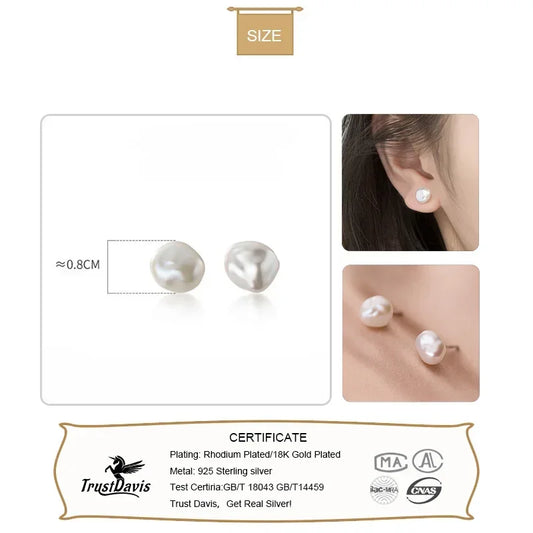 Trustdavis Authentic 925 Sterling Silver Sweet Irregular Pearl Stud Earrings For Women Wedding Party FIne Jewelry DA1224