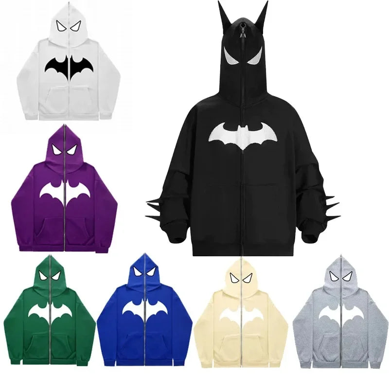 Y2K zip up hoodie Gothic Embroidery Bat anime hoodie Hip hop Men women oversized