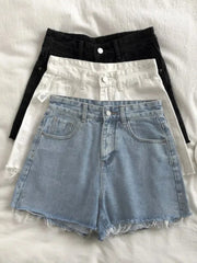 Korean High Waist Raw Edge Denim Shorts Women Summer Basic Button Pocket Jean