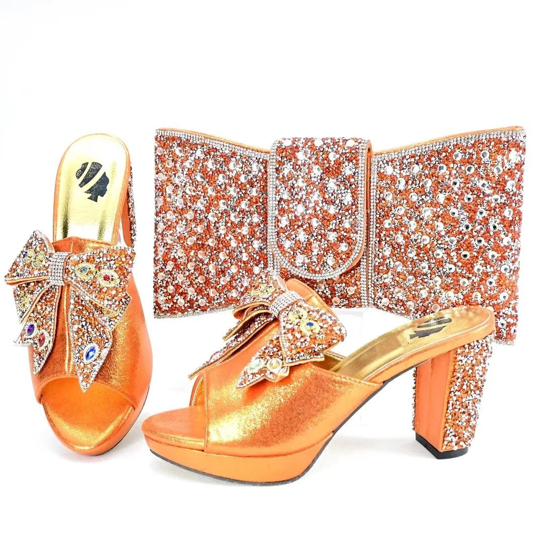 Orange Woman Shoes And Bag Set Luxury African Ladies High Heels Slippers Match With Handbag Pumps Clutch Femme Pantoufles GL34