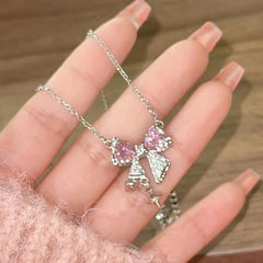 Bowknot Pink Zircon Cross Pendant Necklaces Fashion Temperament