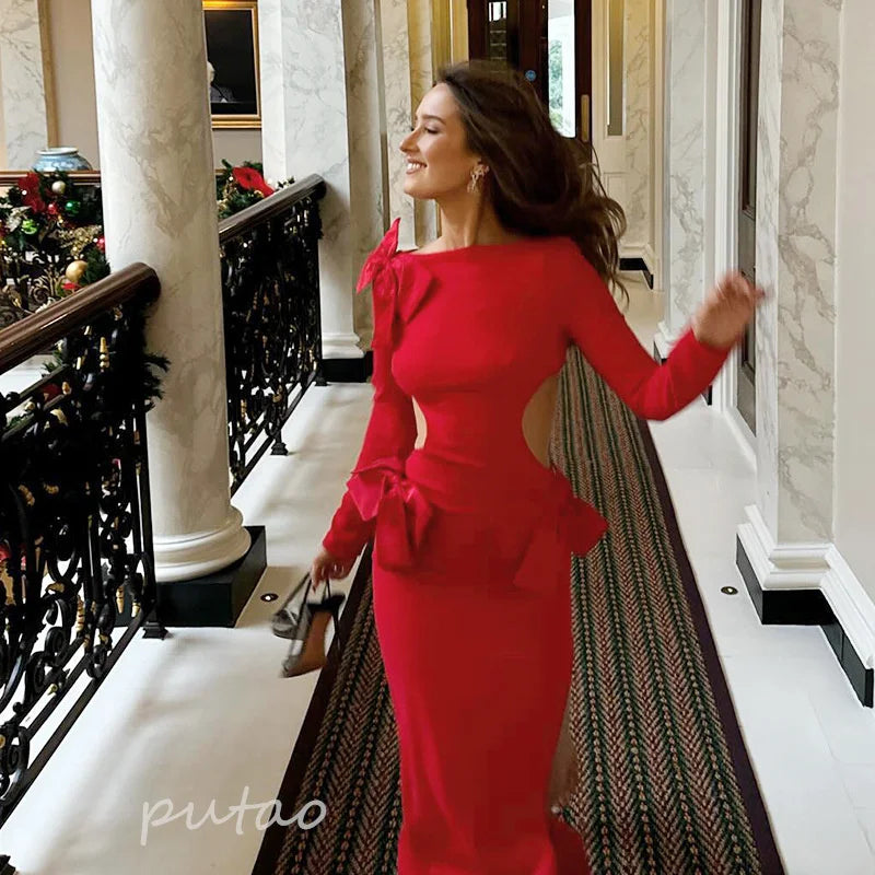 Homecoming Dresses: Long Red Prom Dresses With Bow Mermaid Cocktail Party Dress